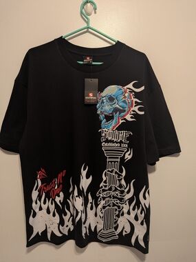 South Pole Black Tee with Blue & Red Skull Flame Graphic
